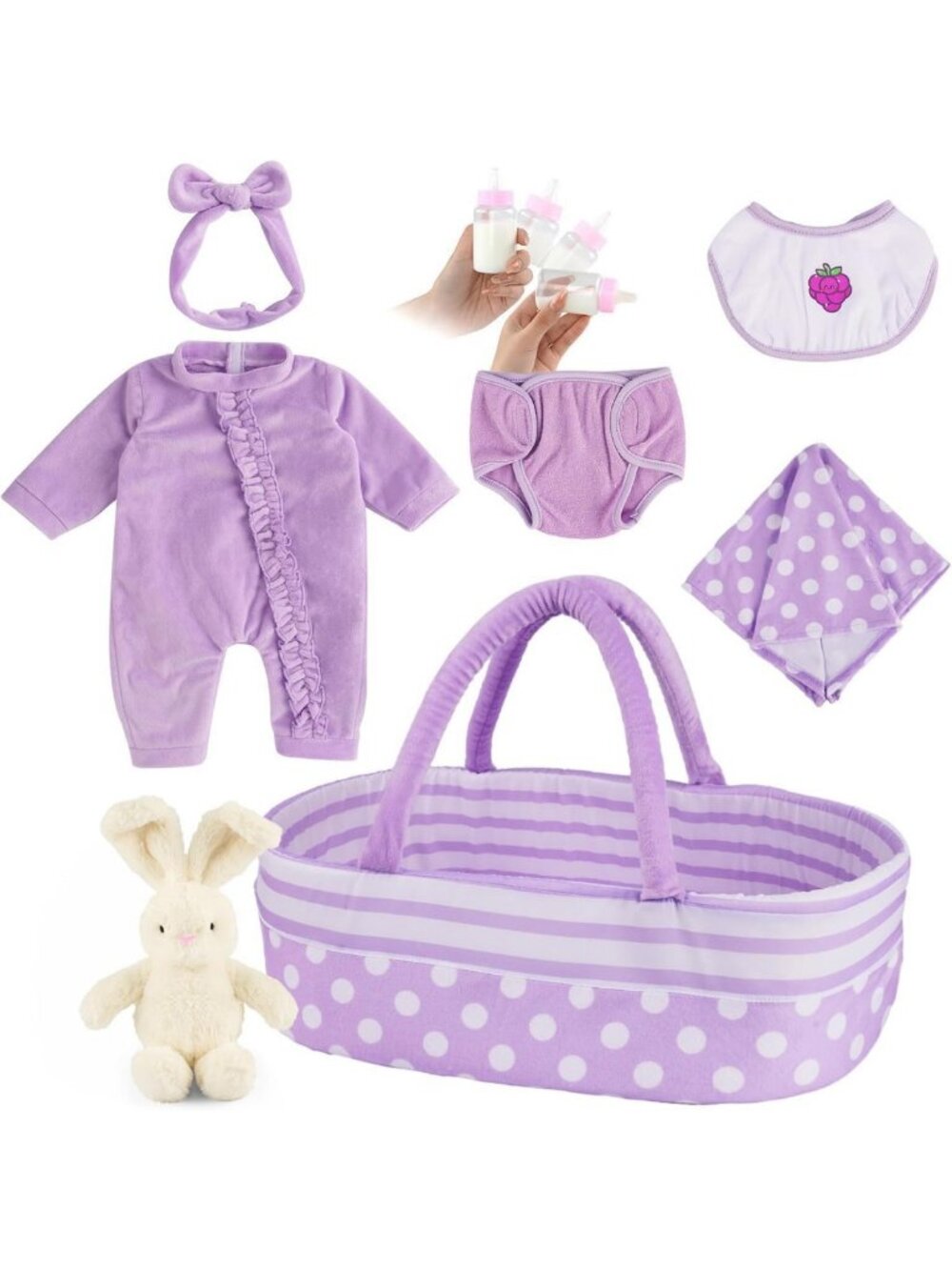 8-Piece Baby Doll Accessories Set with Bassinet for 17-22 Inch Dolls, Fun
